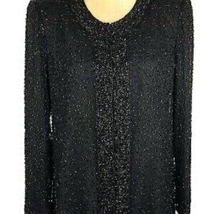 LAURENCE KAZAR VTG Fully Beaded 100% Silk Black Cardigan Evening Jacket L Formal
